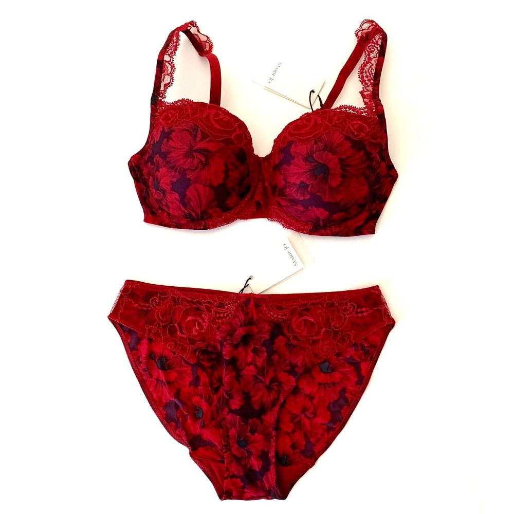 NWT Marie Jo Axelle SET Padded Underwire Balcony Bra 30E 30DD & Bikini Small Red
